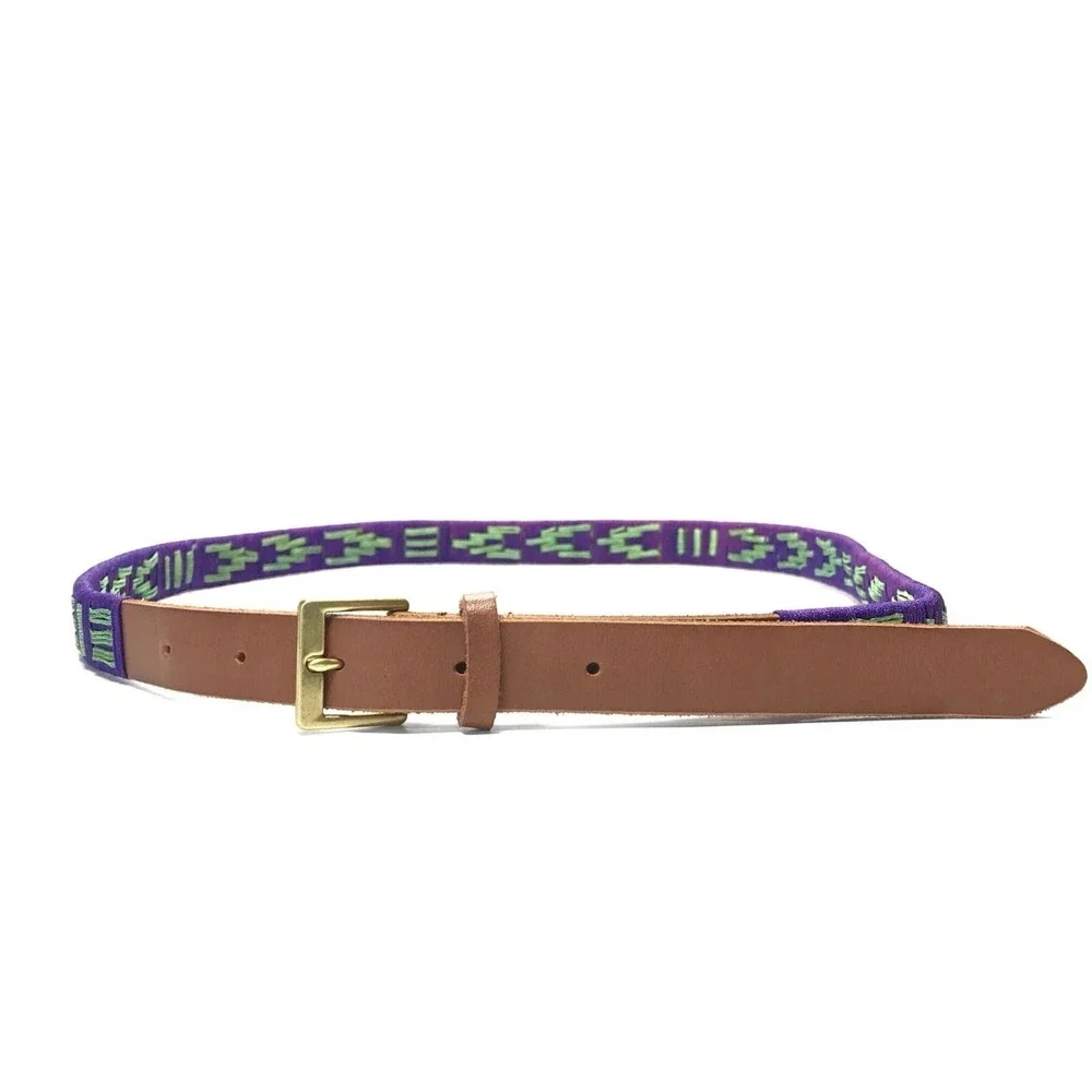 J.Crew Purple Green Embroidered Geo Boho Leather Belt Womens Medium NWOT 39